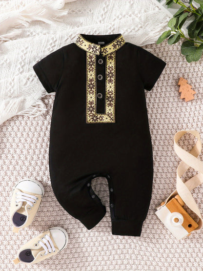 Eid Al-Adha Eid Al-Adha Baby Boy's Short Sleeve Casual Jumpsuit, Lapel Button Up Classic Floral Printed Bodysuit, Eid Al-Adha