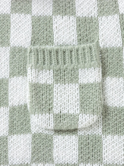 Cozy Baby Plaid Knitted Long Overall Pants - Soft Medium Stretch Acrylic Fabric, Square Neck, Elastic Casual Suspender Jumpsuit with Adorable Small Pocket, Regular Fit, All-Season Wear, No Inner Wear Required