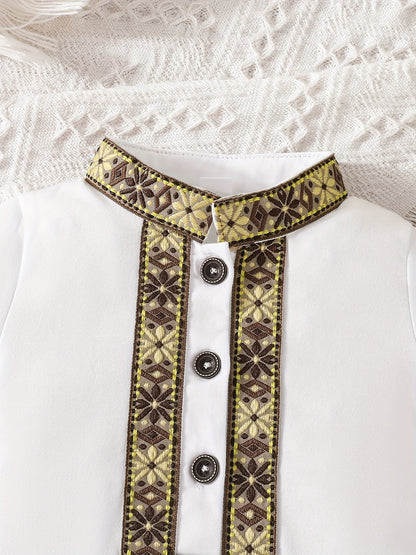 Eid Al-Adha Eid Al-Adha Baby Boy's Short Sleeve Casual Jumpsuit, Lapel Button Up Classic Floral Printed Bodysuit, Eid Al-Adha