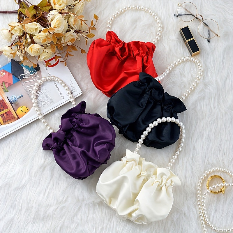 Cute Mini Drawstring Pearl Bucket Clutch - Elegant Women's Classic Banquet Handbag & Purse with Decorative Pearl Accents, Soft Fabric, and Adjustable Strap