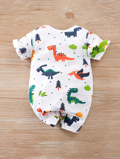 Baby Boys And Girls Cute Dinosaur Graphic Print Cotton Short Sleeve Romper Jumpsuit Clothes