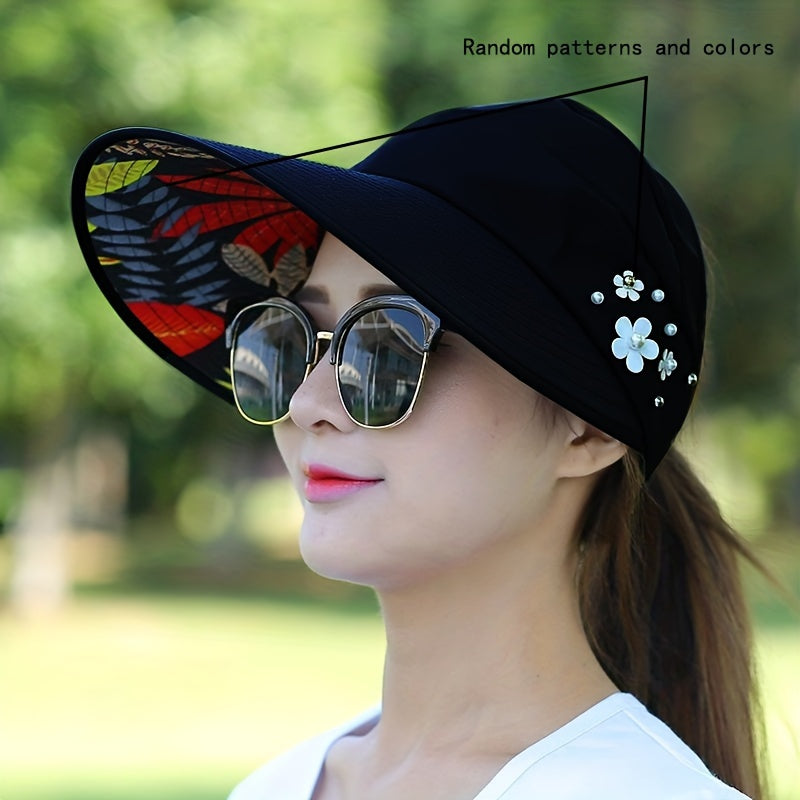 Women'S Wide Brim Sun Visor Hat with Faux Pearl & Floral Embellishments - Foldable Beach & Picnic Cap, Lightweight & Breathable for Outdoor Activities, All-Season Use, Sun Visor Hat, Picnic Headwear, Stylish Headgear, Durable