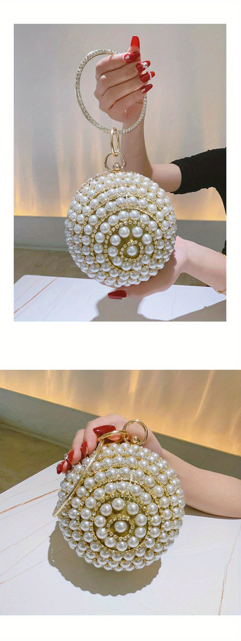 Glamorous Faux Pearl & Rhinestone Ball Clutch - Sparkling Evening Handbag for Weddings, Proms & Parties - Womens Fashion Purse