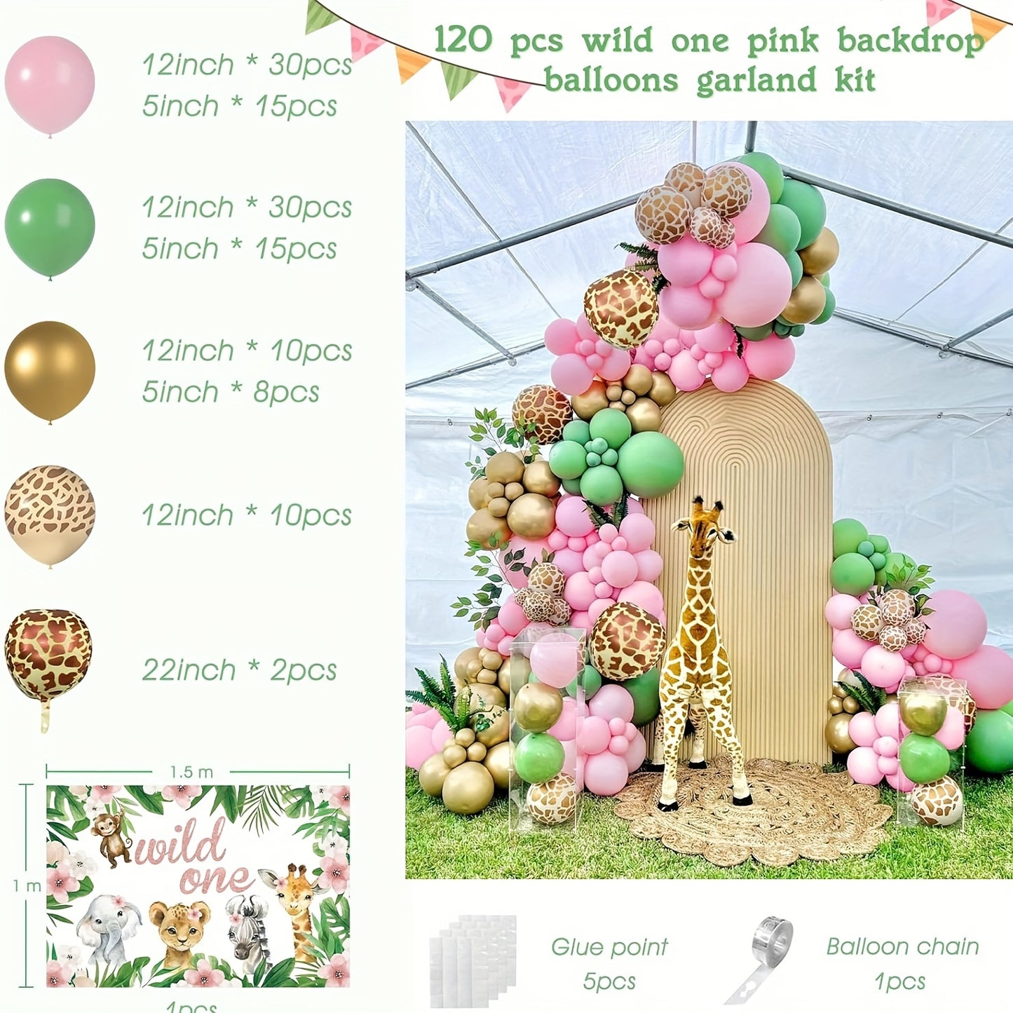127pcs Wild One Birthday Decorations for Girls of Safari Jungle Theme Balloon Garland Arch Kit, Pink Wild One Balloons Arch with Backdrop 5X3ft for Girl 1st Birthday Party Decor Supplies