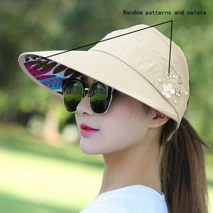 Women'S Wide Brim Sun Visor Hat with Faux Pearl & Floral Embellishments - Foldable Beach & Picnic Cap, Lightweight & Breathable for Outdoor Activities, All-Season Use, Sun Visor Hat, Picnic Headwear, Stylish Headgear, Durable