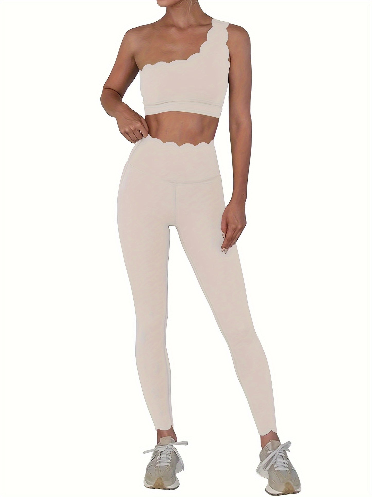 Women's 2 Piece Set Solid Color Sports Casual Suit, One Shoulder Tube Top And High Waist Skinny Leggings, Women's Sportswear