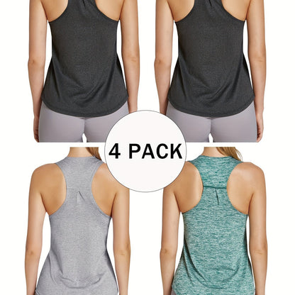 4pcs Women's Quick-Dry Workout Tank Tops - Sleeveless Racerback Yoga Tops with Medium Stretch, Round Neck Activewear for Gym, Training & Casual Wear, 4 Solid Colors (Pink/Black/Dark Grey/Light Teal), Workout Clothes, Gym Appa