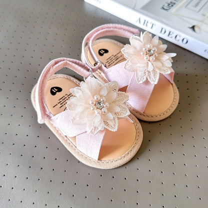 Baby Girls Flower Hook And Loop Sandals, Lightweight Non-Slip Comfy Walking Shoes For Newborn Infant, Summer