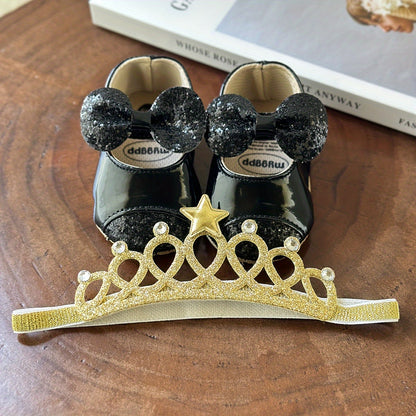 2pcs Baby Girls Mary Jane Flat Shoes With Flower Decor & Crown Headband, Princess Dress Crib Shoes First Walker Shoes For Newborn Infant