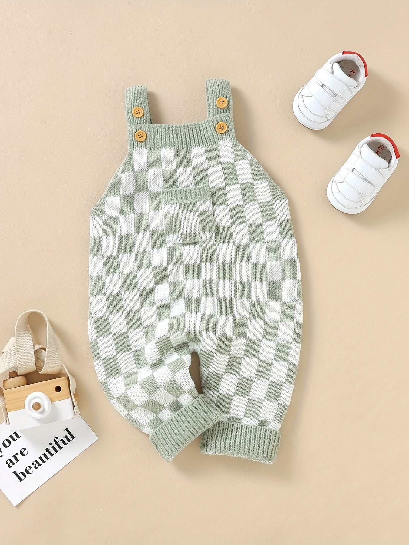 Cozy Baby Plaid Knitted Long Overall Pants - Soft Medium Stretch Acrylic Fabric, Square Neck, Elastic Casual Suspender Jumpsuit with Adorable Small Pocket, Regular Fit, All-Season Wear, No Inner Wear Required