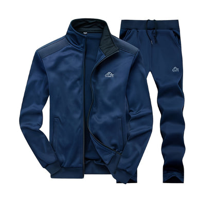 2pcs Embroidered Stand Collar Zip Up Jacket & Elastic Waist Drawstring Pants - Men's Sportswear Set for Outdoor Activities