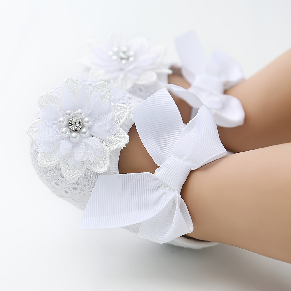 Baby Girls Mary Jane Flat Shoes With Flower Decor Soft Comfy Crib Shoes First Walker Shoes For Newborn Infant, Spring And Summer