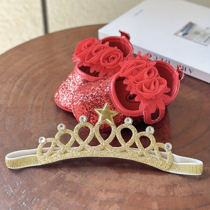 2pcs Baby Girls Mary Jane Flat Shoes With Flower Decor & Crown Headband, Princess Dress Crib Shoes First Walker Shoes For Newborn Infant