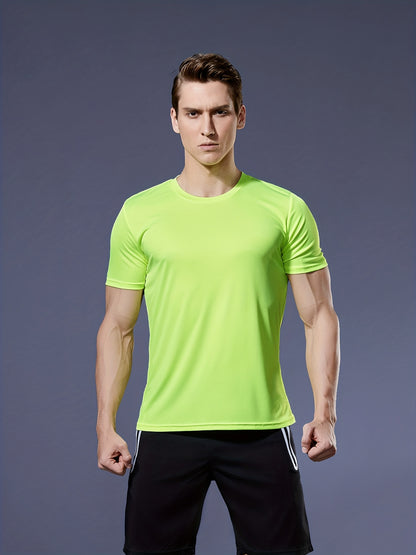 Men's Quick-Dry Athletic T-Shirt - Neon Green Workout Shirt, Lightweight Moisture-Wicking Gym Tee for Running, Training, Boxing, Cycling - Breathable Athletic Top with Round Neck, Gym Shirt, Sports Apparel, Sleek Design, Elas