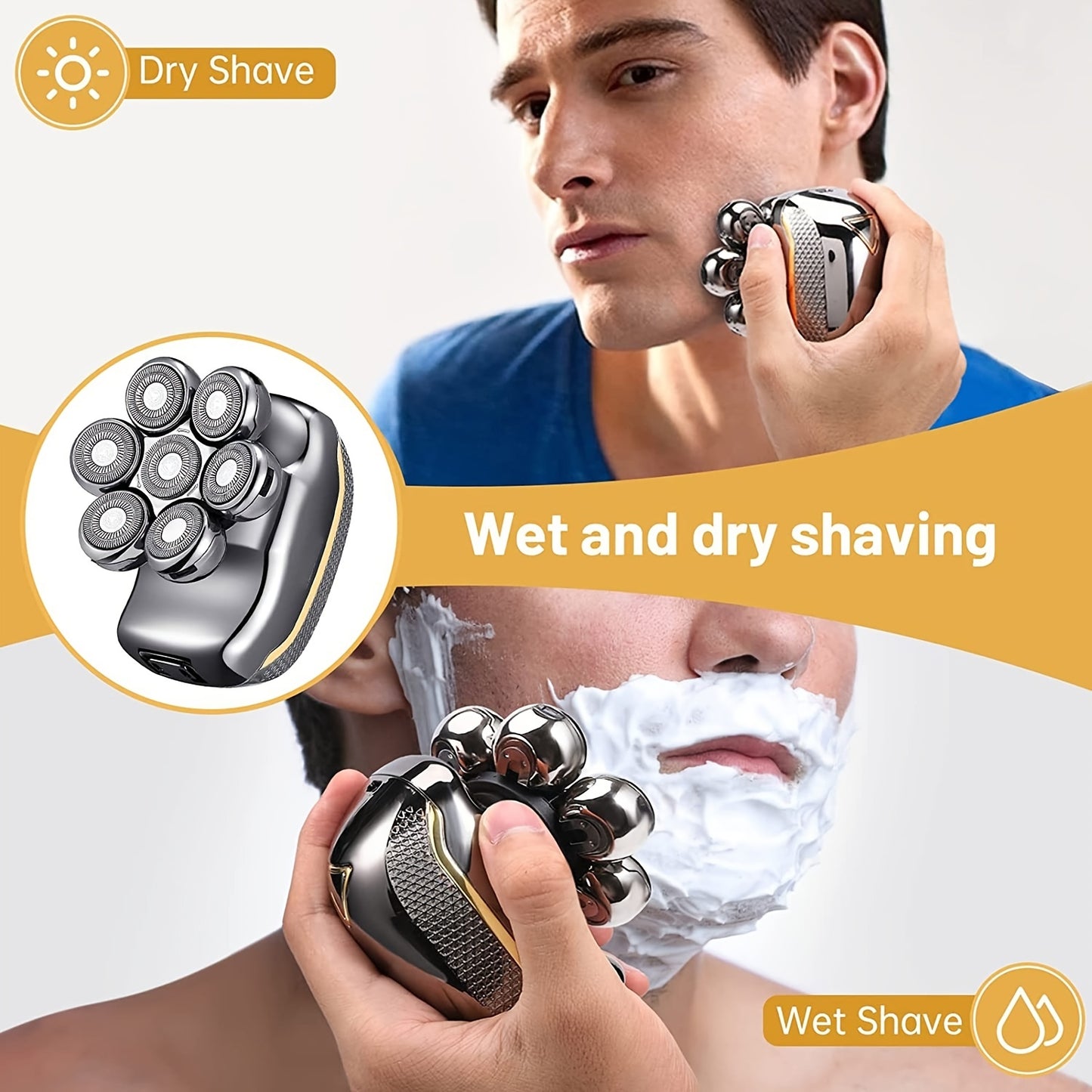 [Rechargeable Shaver Razor] 6 In 1 Rechargeable Men's Electronic Head Shaver Razor - Wet Dry Beard Trimmer Body Hair Cutting Clipper Grooming Kit 7 Rotary Heads