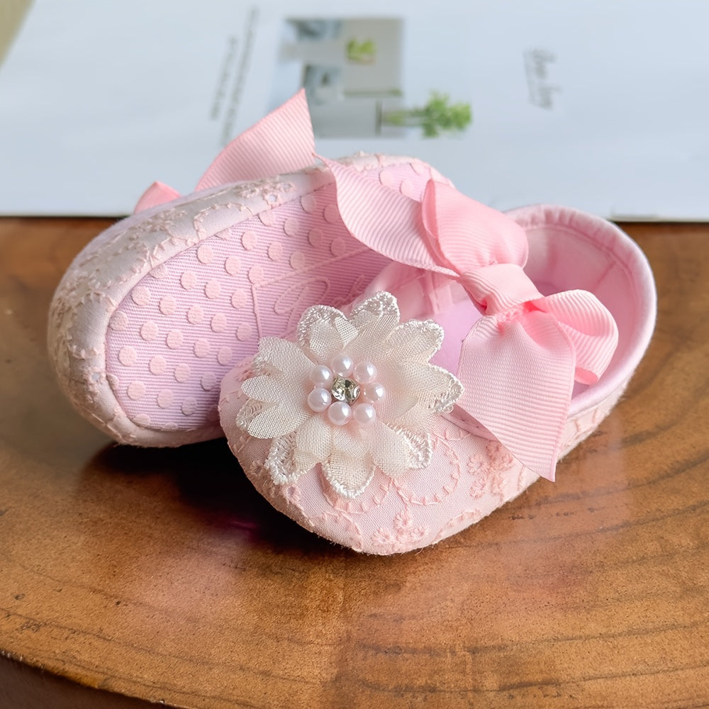 Baby Girls Mary Jane Flat Shoes With Flower Decor Soft Comfy Crib Shoes First Walker Shoes For Newborn Infant, Spring And Summer