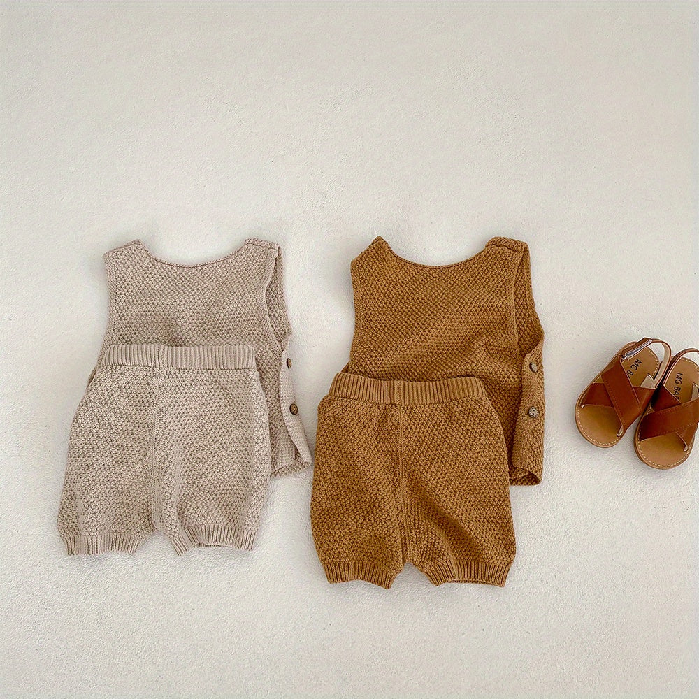 2pcs Baby Infant Girls Casual Plain Color Knit Tank Top & Shorts Set Clothes