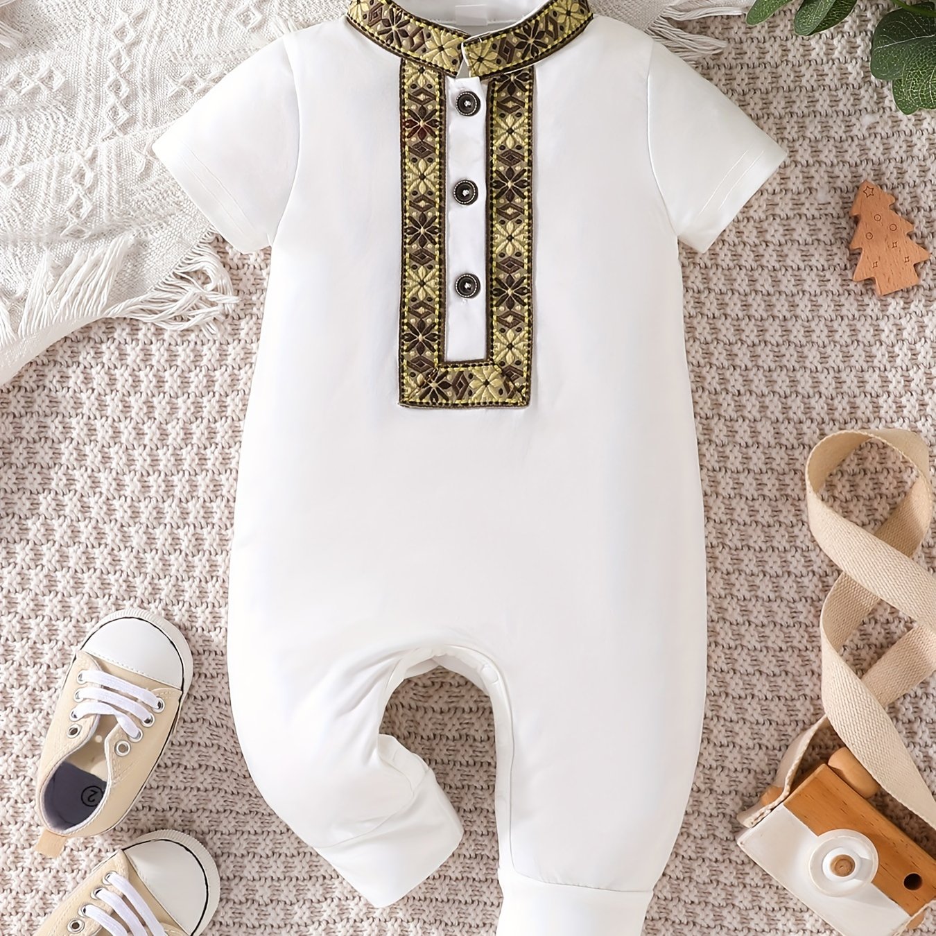 Eid Al-Adha Eid Al-Adha Baby Boy's Short Sleeve Casual Jumpsuit, Lapel Button Up Classic Floral Printed Bodysuit, Eid Al-Adha