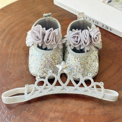 2pcs Baby Girls Mary Jane Flat Shoes With Flower Decor & Crown Headband, Princess Dress Crib Shoes First Walker Shoes For Newborn Infant
