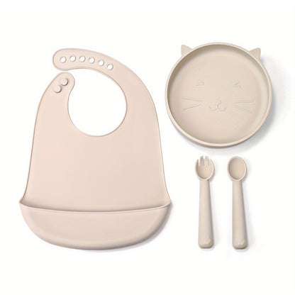 TYRY.HU Baby Feeding Set Silicone Feeding Set Shallow Tray Kitten Design Baby Silicone Tableware, Toddler Eating Utensils, With Suction Cup, Shallow Tray Bib Soft Spoon Fork Cup, Tough Tableware Set, Edible Grade Silicone, Sa