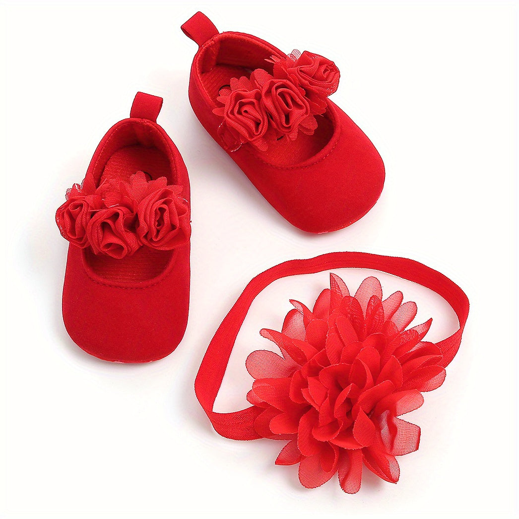 Baby Girls Mary Jane Flat Shoes With Floral Decor & Headband, Princess Wedding Crib Shoes For Infant Newborn First Walkers Prewalkers