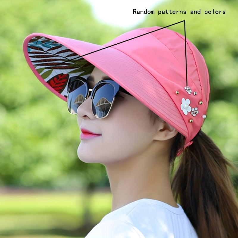 Women'S Wide Brim Sun Visor Hat with Faux Pearl & Floral Embellishments - Foldable Beach & Picnic Cap, Lightweight & Breathable for Outdoor Activities, All-Season Use, Sun Visor Hat, Picnic Headwear, Stylish Headgear, Durable