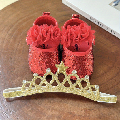 2pcs Baby Girls Mary Jane Flat Shoes With Flower Decor & Crown Headband, Princess Dress Crib Shoes First Walker Shoes For Newborn Infant