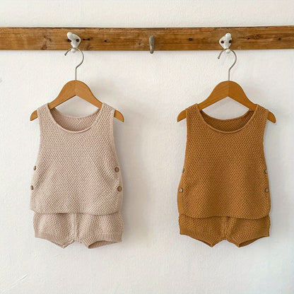 2pcs Baby Infant Girls Casual Plain Color Knit Tank Top & Shorts Set Clothes