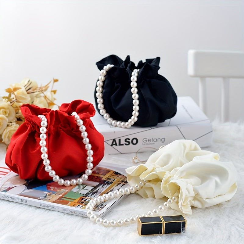 Cute Mini Drawstring Pearl Bucket Clutch - Elegant Women's Classic Banquet Handbag & Purse with Decorative Pearl Accents, Soft Fabric, and Adjustable Strap