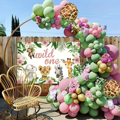 127pcs Wild One Birthday Decorations for Girls of Safari Jungle Theme Balloon Garland Arch Kit, Pink Wild One Balloons Arch with Backdrop 5X3ft for Girl 1st Birthday Party Decor Supplies
