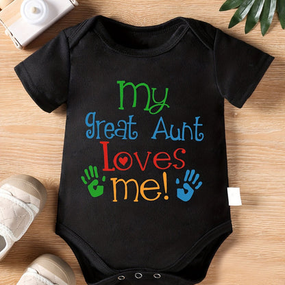 My Great Aunt Loves Me" Letter Print Newborn Baby Romper with Short Sleeves and Cute Onesie for Kids, Perfect for Outdoor