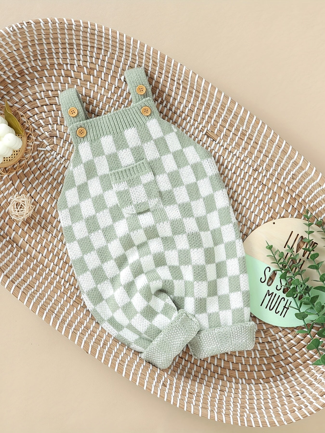 Cozy Baby Plaid Knitted Long Overall Pants - Soft Medium Stretch Acrylic Fabric, Square Neck, Elastic Casual Suspender Jumpsuit with Adorable Small Pocket, Regular Fit, All-Season Wear, No Inner Wear Required