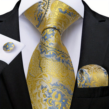 Classic Striped Tie Set For Men Blue Yellow Ties Trendy Woven Necktie Hanky Cufflinks Set Business Tie, Ideal choice for Gifts