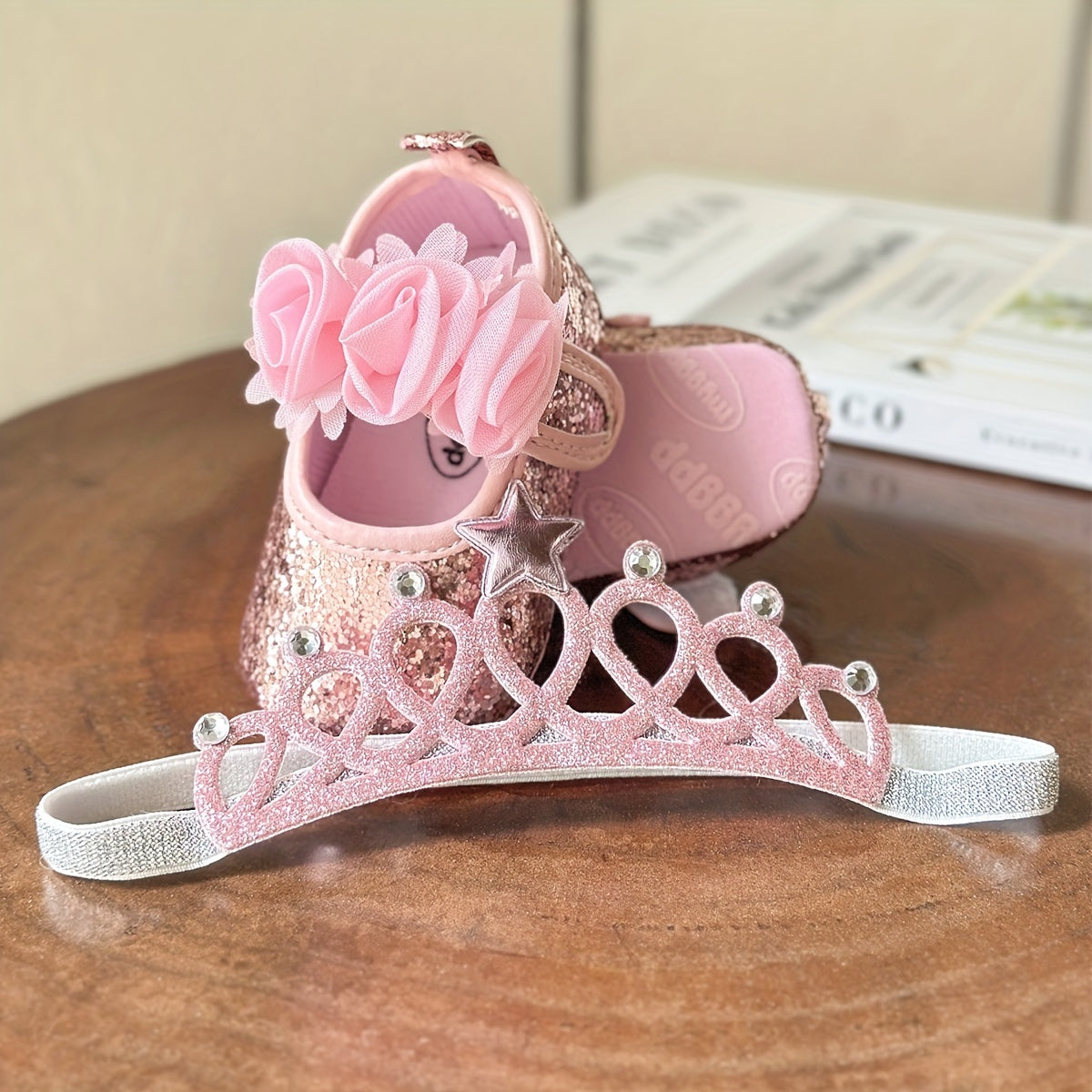 2pcs Baby Girls Mary Jane Flat Shoes With Flower Decor & Crown Headband, Princess Dress Crib Shoes First Walker Shoes For Newborn Infant
