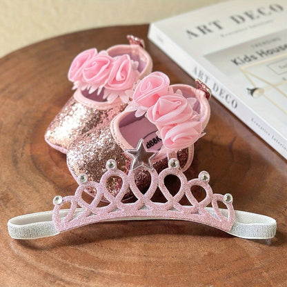 2pcs Baby Girls Mary Jane Flat Shoes With Flower Decor & Crown Headband, Princess Dress Crib Shoes First Walker Shoes For Newborn Infant