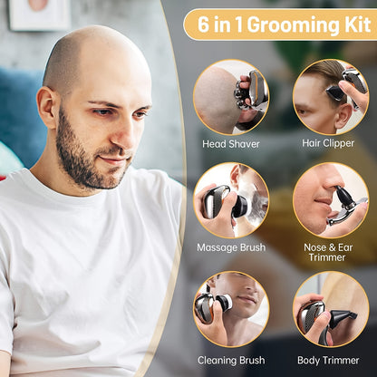 [Rechargeable Shaver Razor] 6 In 1 Rechargeable Men's Electronic Head Shaver Razor - Wet Dry Beard Trimmer Body Hair Cutting Clipper Grooming Kit 7 Rotary Heads