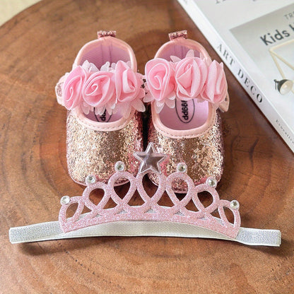 2pcs Baby Girls Mary Jane Flat Shoes With Flower Decor & Crown Headband, Princess Dress Crib Shoes First Walker Shoes For Newborn Infant