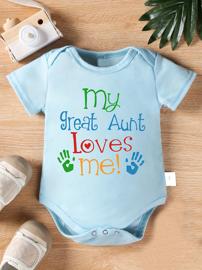 My Great Aunt Loves Me" Letter Print Newborn Baby Romper with Short Sleeves and Cute Onesie for Kids, Perfect for Outdoor