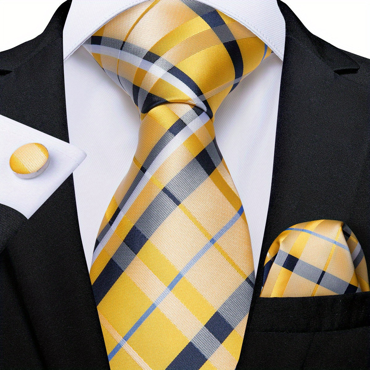 Classic Striped Tie Set For Men Blue Yellow Ties Trendy Woven Necktie Hanky Cufflinks Set Business Tie, Ideal choice for Gifts