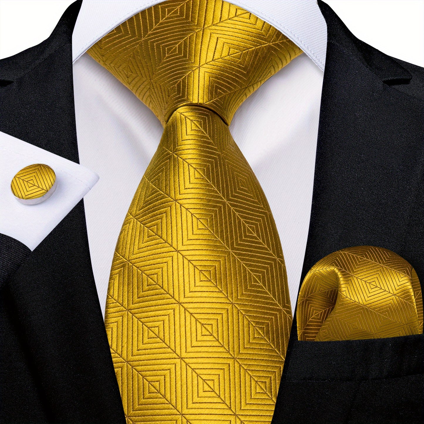 Classic Striped Tie Set For Men Blue Yellow Ties Trendy Woven Necktie Hanky Cufflinks Set Business Tie, Ideal choice for Gifts