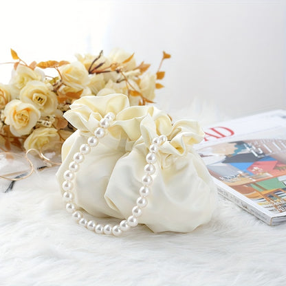 Cute Mini Drawstring Pearl Bucket Clutch - Elegant Women's Classic Banquet Handbag & Purse with Decorative Pearl Accents, Soft Fabric, and Adjustable Strap