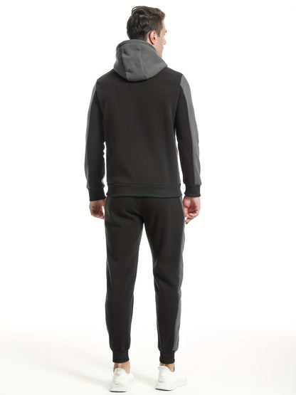 Two-Piece Color Block Men's Casual Sportswear Hoodie Set, Zip-Up Drawstring Jogging Suit For All Seasons