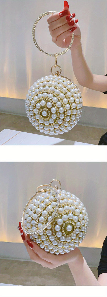 Glamorous Faux Pearl & Rhinestone Ball Clutch - Sparkling Evening Handbag for Weddings, Proms & Parties - Womens Fashion Purse