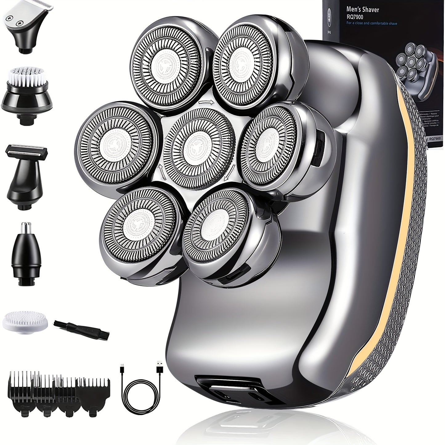 [Rechargeable Shaver Razor] 6 In 1 Rechargeable Men's Electronic Head Shaver Razor - Wet Dry Beard Trimmer Body Hair Cutting Clipper Grooming Kit 7 Rotary Heads