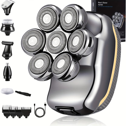 [Rechargeable Shaver Razor] 6 In 1 Rechargeable Men's Electronic Head Shaver Razor - Wet Dry Beard Trimmer Body Hair Cutting Clipper Grooming Kit 7 Rotary Heads