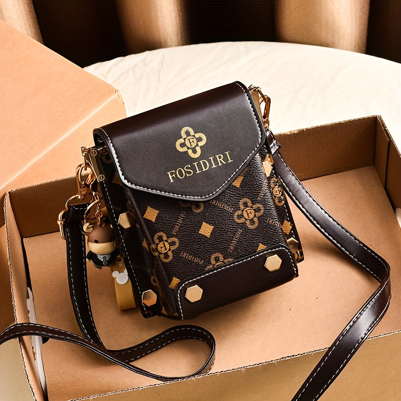 Chic Retro Mini Phone Purse - Fashionable Flap Crossbody with Adjustable Strap, Eye-Popping Letter Prints, and Glamorous Studs - Compact Square Shape for Womens Everyday Chic
