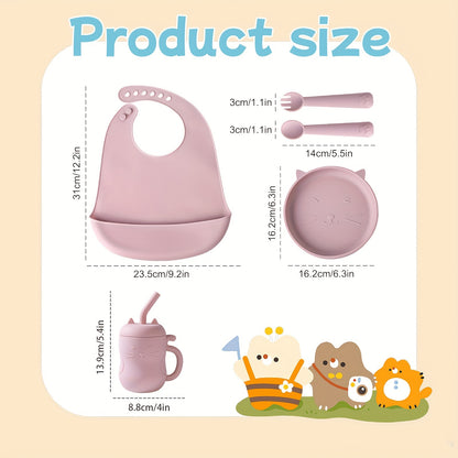 TYRY.HU Baby Feeding Set Silicone Feeding Set Shallow Tray Kitten Design Baby Silicone Tableware, Toddler Eating Utensils, With Suction Cup, Shallow Tray Bib Soft Spoon Fork Cup, Tough Tableware Set, Edible Grade Silicone, Sa