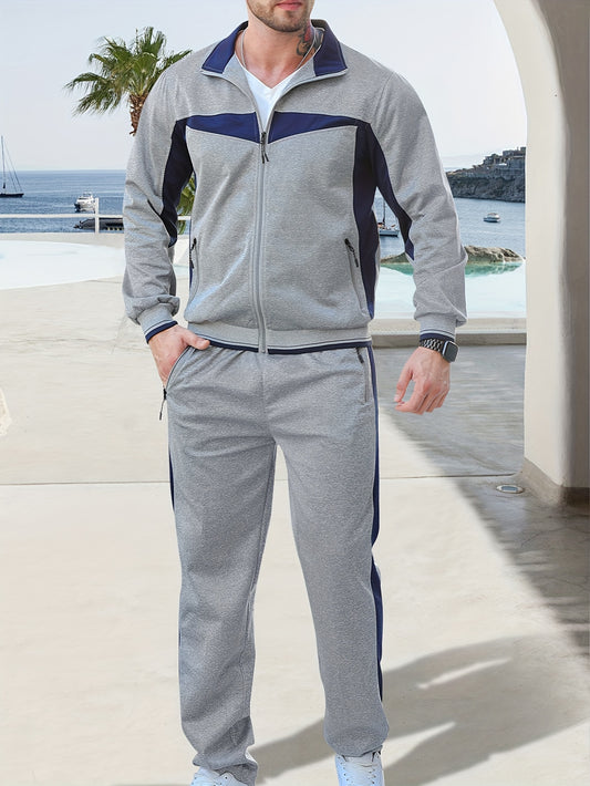 LITTEKING 2pcs Men's Casual Sports Suit, Two Fashionable Sportswear, Spring And Autumn Jacket And Sweatpants, Youth Fashion Trend, Color Contrast Design School Team Jacket And Pants, Suitable for Outdoor Sports Basketball Tra
